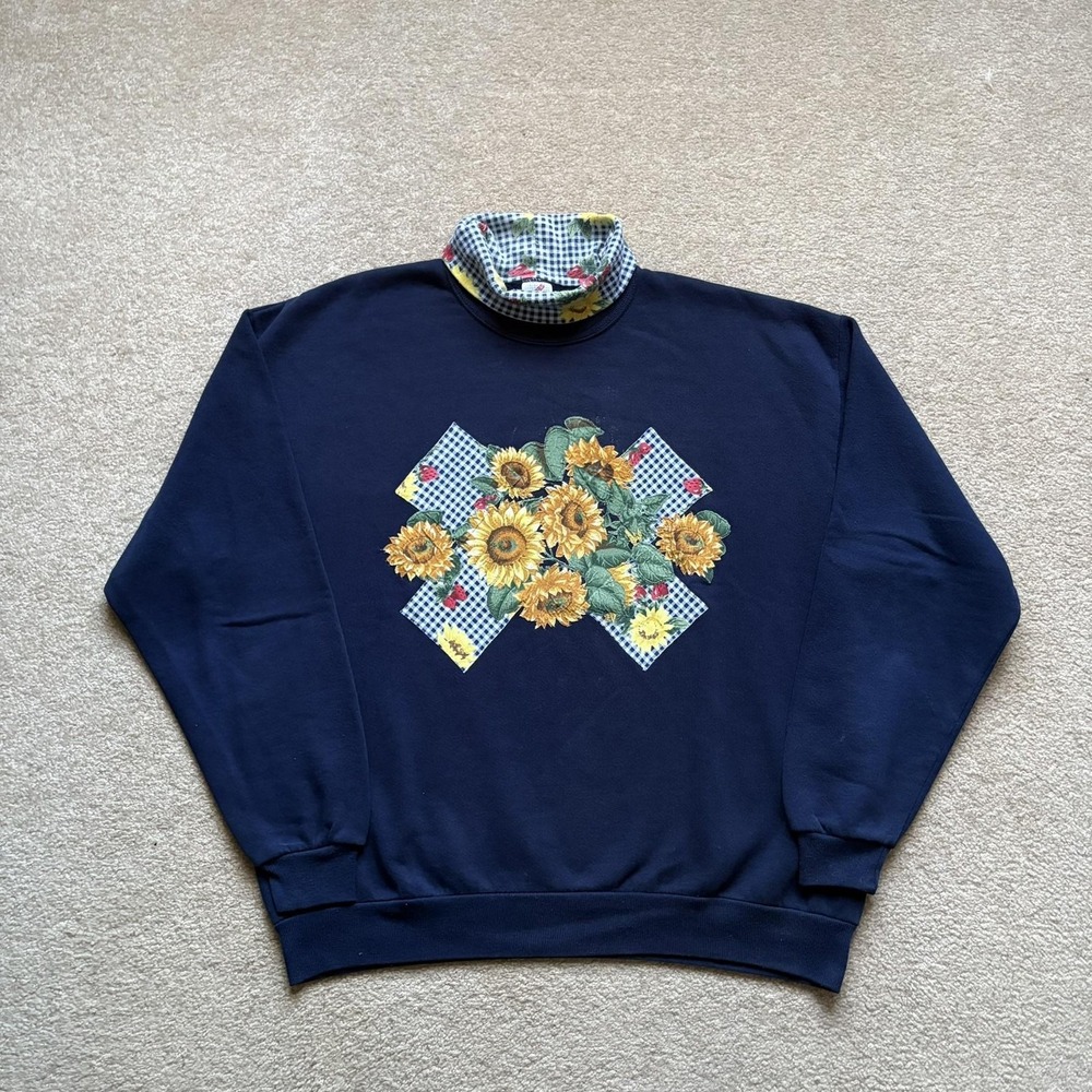 Vintage Sunflower Sweatshirt Womens XL Navy Mock Neck Patchwork Made USA 90s